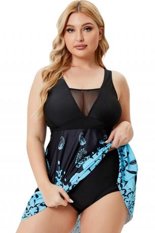 Plavo črne enodelne kopalke z visokim pasom za močnejše postave Opata