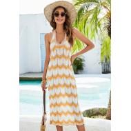 Poletna oranžna pletena obleka s črtastim tiskom brez rokavov in brez hrbta Katharina