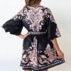 Poletna črna vintage mini ohlapna z V-izrezom s polovičnimi rokavi in s cvetličnim tiskom Rose