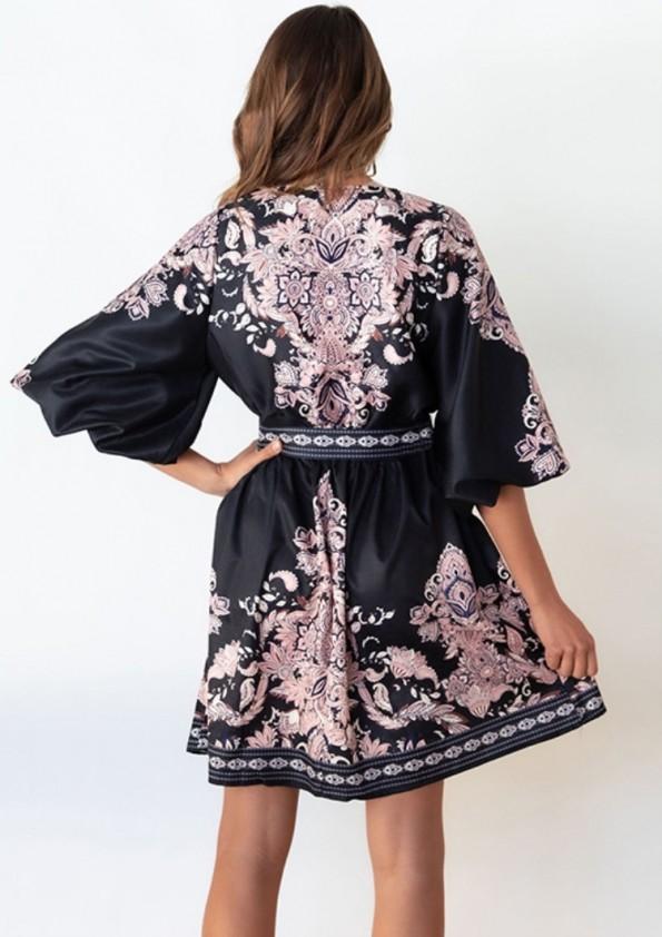 Poletna črna vintage mini ohlapna z V-izrezom s polovičnimi rokavi in s cvetličnim tiskom Rose