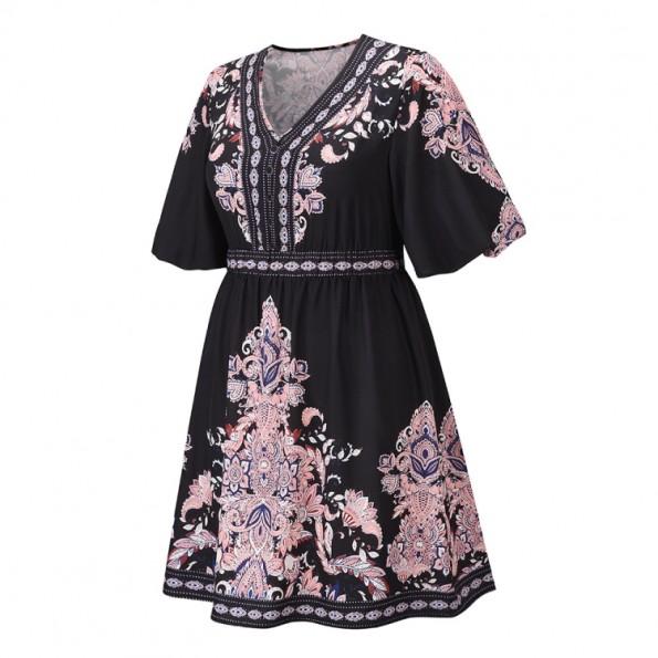 Poletna črna vintage mini ohlapna z V-izrezom s polovičnimi rokavi in s cvetličnim tiskom Rose