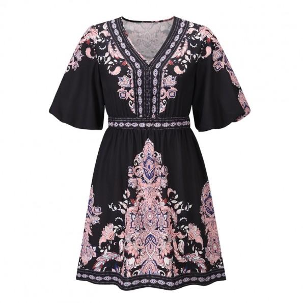 Poletna črna vintage mini ohlapna z V-izrezom s polovičnimi rokavi in s cvetličnim tiskom Rose