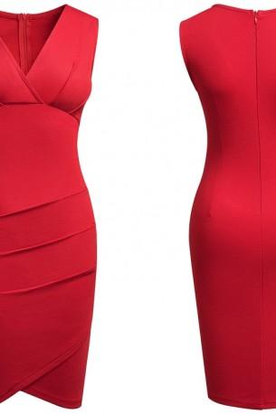 Rdeča elegantna obleka brez rokavov z V-izrezom Wana