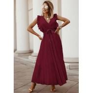 Rdeča nagubana dolga obleka brez rokavov iz masivnega šifona s pasom in z V-izrezom Zenna