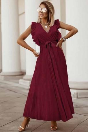 Rdeča nagubana dolga obleka brez rokavov iz masivnega šifona s pasom in z V-izrezom Zenna