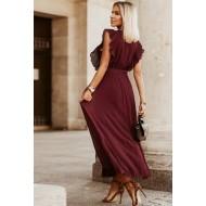 Rdeča nagubana dolga obleka brez rokavov iz masivnega šifona s pasom in z V-izrezom Zenna