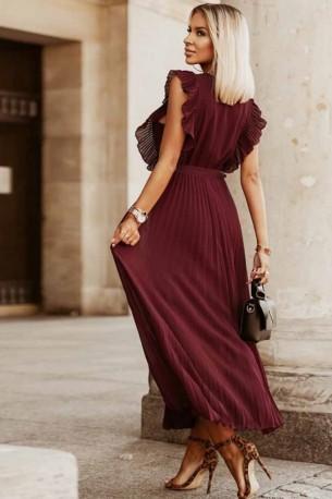 Rdeča nagubana dolga obleka brez rokavov iz masivnega šifona s pasom in z V-izrezom Zenna