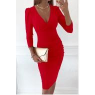 Rdeča obleka midi z dolgimi rokavi in z globokim V izrezom Tea