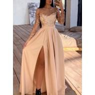 Roza dolga obleka z dolgimi rokavi z bleščicami in stranskimi režami Vanessa