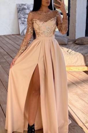 Roza dolga obleka z dolgimi rokavi z bleščicami in stranskimi režami Vanessa