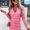 Roza mini obleka z V-izrezom s polnimi rokavi in s cvetličnim tiskom Jennifer