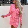 Roza mini obleka z V-izrezom s polnimi rokavi in s cvetličnim tiskom Jennifer