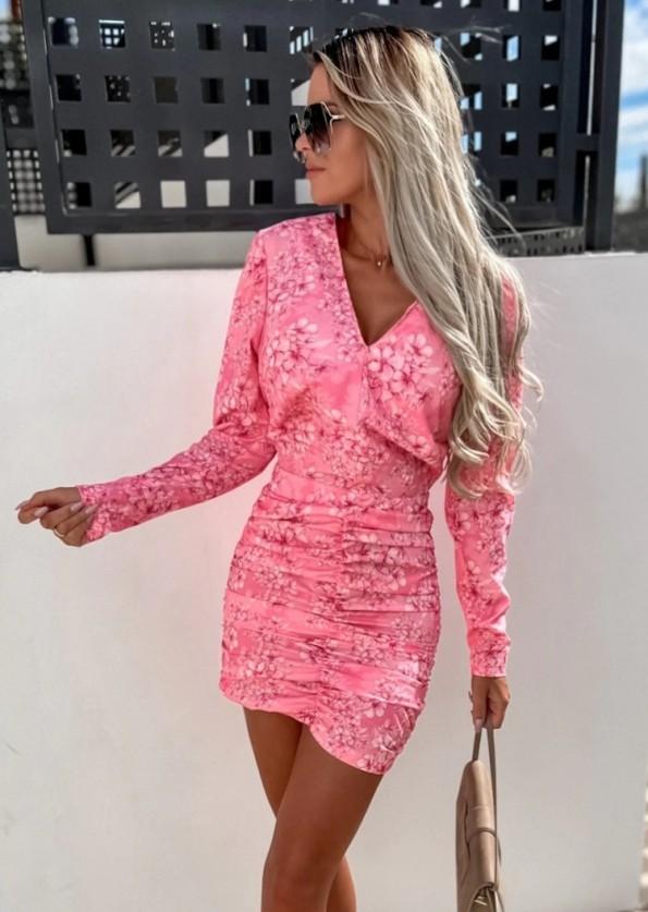 Roza mini obleka z V-izrezom s polnimi rokavi in s cvetličnim tiskom Jennifer