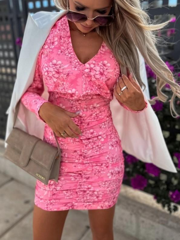 Roza mini obleka z V-izrezom s polnimi rokavi in s cvetličnim tiskom Jennifer