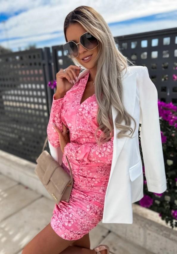 Roza mini obleka z V-izrezom s polnimi rokavi in s cvetličnim tiskom Jennifer