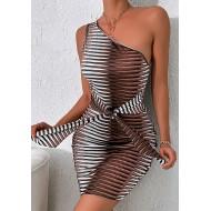 Seksi mini klubska obleka z enim ramo brez rokavov z geometrijskim tiskom in s pasom Jeffrey