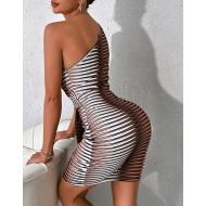 Seksi mini klubska obleka z enim ramo brez rokavov z geometrijskim tiskom in s pasom Jeffrey