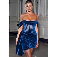 Seksi modra žametna prosojna klubska obleka z odprtimi rameni Alexandra
