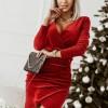 Seksi rdeča žametna obleka z dolgimi rokavi in V izrezom Unna