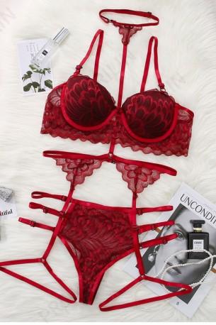 Seksi rdeči komplet spodnjega perila s čipko Galter