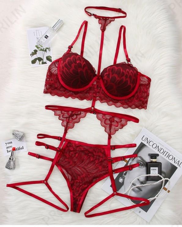Seksi rdeči komplet spodnjega perila s čipko Galter
