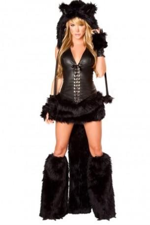 Set kostum iz seksi črnega pu usnja z umetnim krznom Holly