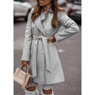 Siv eleganten dolg plašč z odloženim ovratnikom z ustreznim pasom Maya