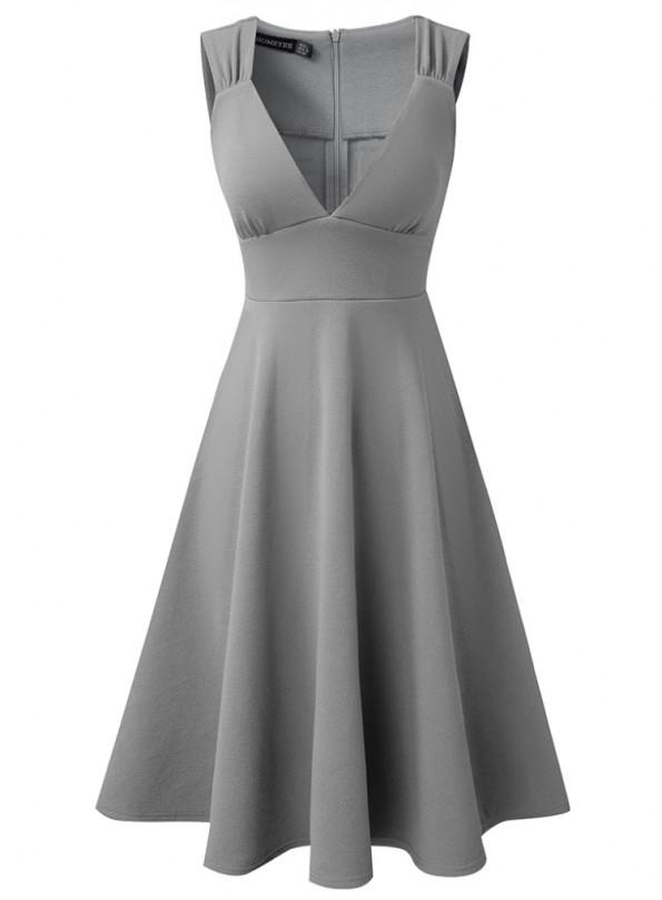 Siva elegantna obleka brez rokavov z V-izrezom Silviana