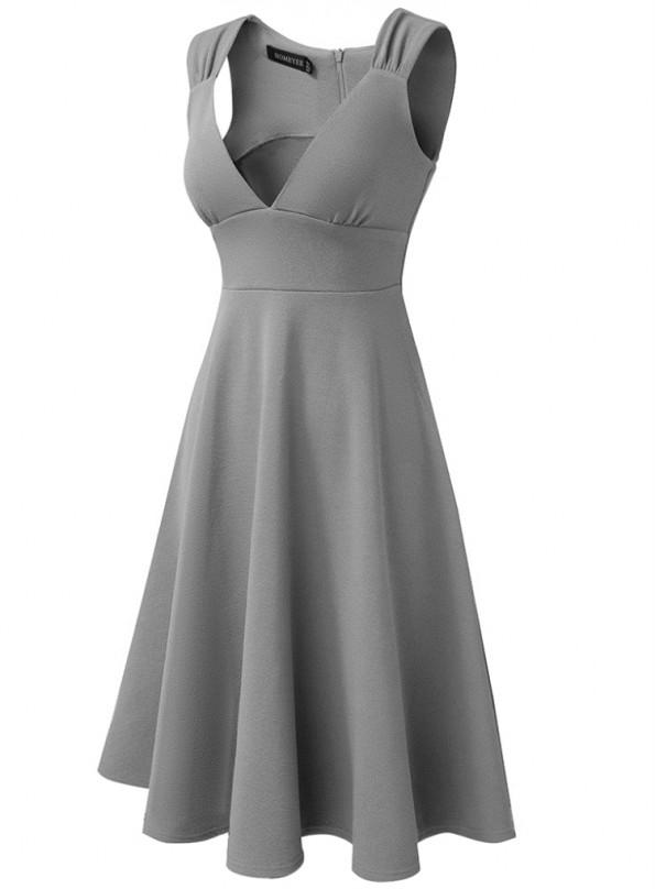 Siva elegantna obleka brez rokavov z V-izrezom Silviana