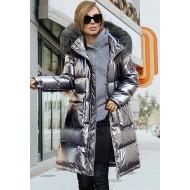 Temno siva dolga puhasta jakna s krznenim ovratnikom Brooklyn