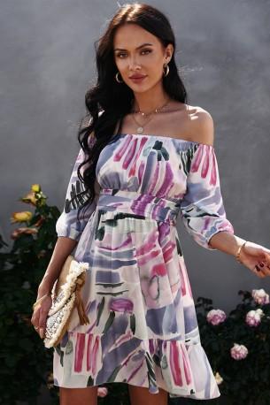 Vijolična  obleka v obliki črke A-linija s potiskanimi polovičnimi rokavi in z odprtimi rameni Angela