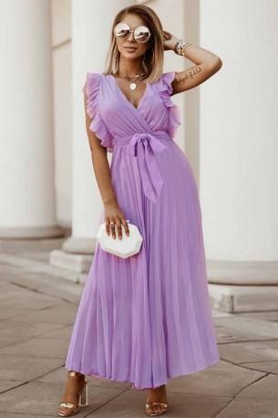Vijolična dolga nagubana obleka brez rokavov z V-izrezom in pasom Marion