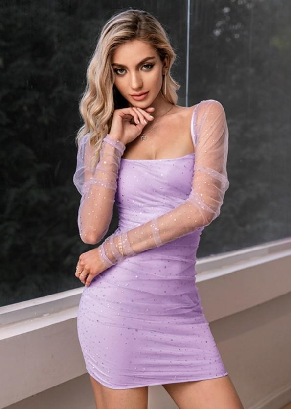 Vijolična mrežasta seksi mini klubska obleka z odprtimi rameni Kim