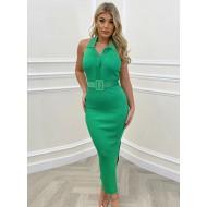 Zelena elegantna obleka brez rokavov in z podloženim ovratnikom Heidi