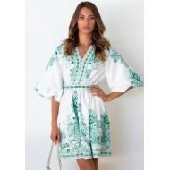 Zelena ohlapna  obleka z V-izrezom s polovičnimi rokavi in s cvetličnim tiskom Emery