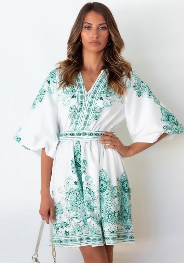 Zelena ohlapna  obleka z V-izrezom s polovičnimi rokavi in s cvetličnim tiskom Emery