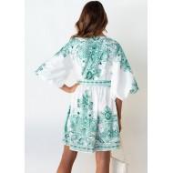 Zelena ohlapna  obleka z V-izrezom s polovičnimi rokavi in s cvetličnim tiskom Emery