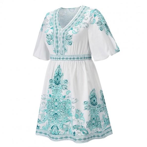 Zelena ohlapna  obleka z V-izrezom s polovičnimi rokavi in s cvetličnim tiskom Emery