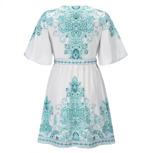 Zelena ohlapna  obleka z V-izrezom s polovičnimi rokavi in s cvetličnim tiskom Emery