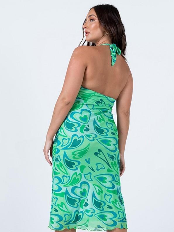 Zelena srednje dolga obleka brez rokavov s potiskom Heart