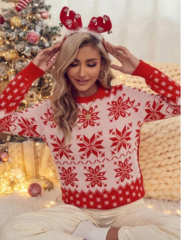 Zimski rdeči božičn pulover z okroglim izrezom z dolgimi rokavi Ava