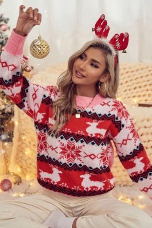 Zimski rdeči božični  pulover z okroglim izrezom z dolgimi rokavi Amelia