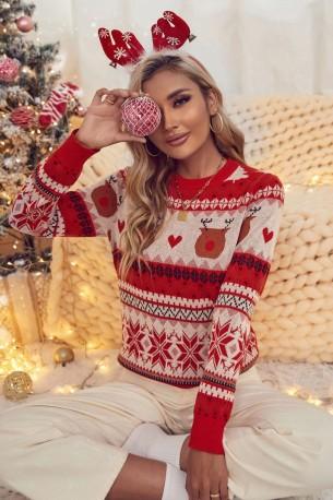 Zimski rdeči božični  pulover z okroglim izrezom z dolgimi rokavi Charlotte
