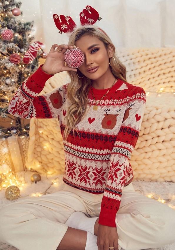 Zimski rdeči božični  pulover z okroglim izrezom z dolgimi rokavi Charlotte