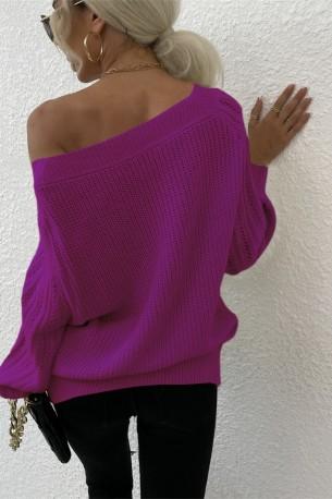 Zimski vijolični ohlapni pulover z odprtimi rameni Cecilia