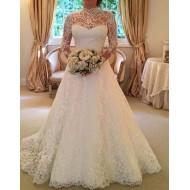 Bela čipkasta poročna obleka z dolgimi rokavi Bela