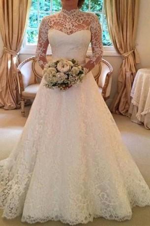 Bela čipkasta poročna obleka z dolgimi rokavi Bela