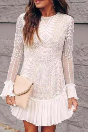 Bela kratka čipkasta obleka s polnimi rokavi Winna