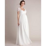 Bela poletna masivna dolga obleka z visokim pasom s čipkastimi rokavi Aida