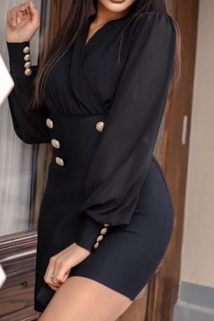 Črna elegantna mini obleka z dolgimi rokavi in zlatimi gumbi Mika